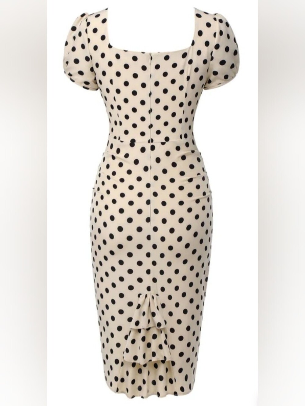 Retro Stage 60's Style Polka Dot Puff Sleeve Dress in Beige and Black, Size 2XL - Picture 2 of 7